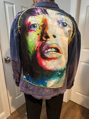 Rolling Stones Mick Jagger Purple Studded Upcycled Distressed Jean Jacket